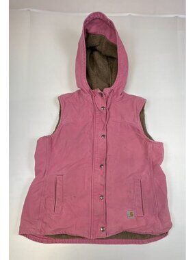Carhartt Women L Pink Sherpa Lined Canvas Hooded Vest Workwear